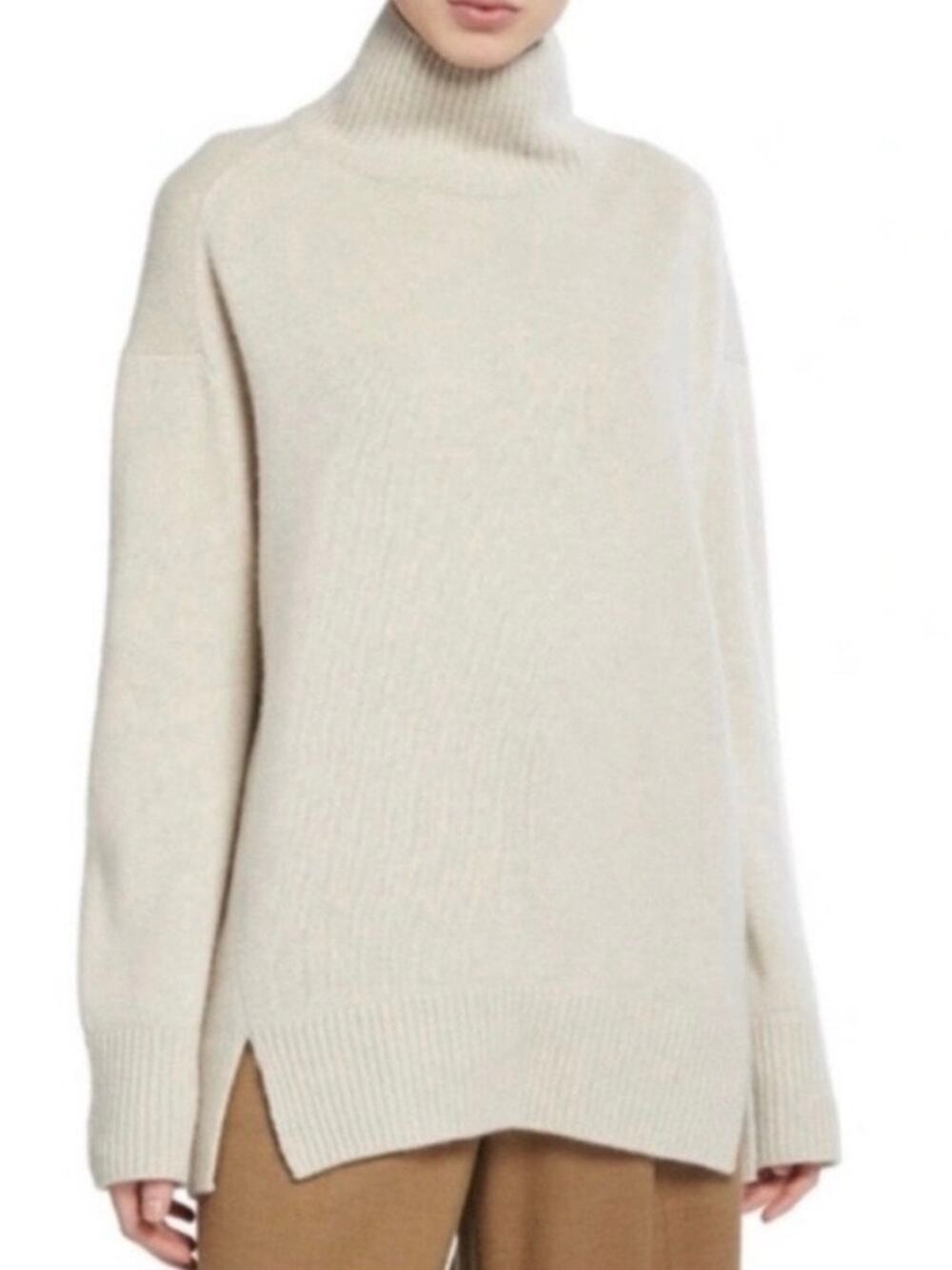 Vince Double Slit Cashmere Turtleneck Sweater in Neutral Beige Size Large
